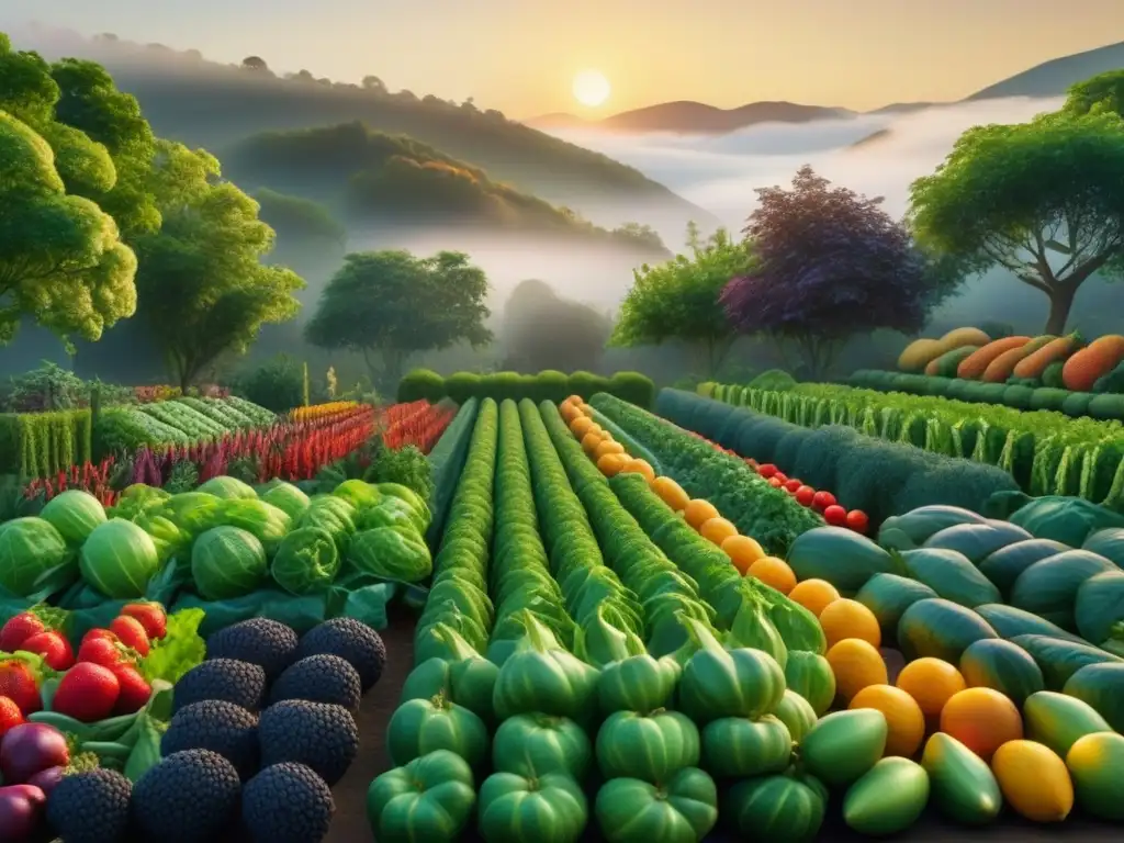 Jardín vibrante de frutas y vegetales: abundancia y armonía Un jardín exuberante con frutas, vegetales y hierbas vibrantes organizados con precisión bajo el sol dorado