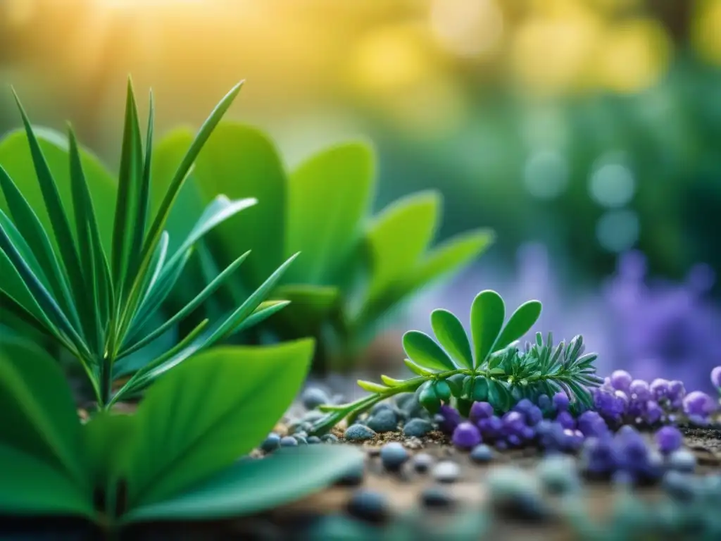 Jardín de plantas medicinales: belleza y serenidad Un jardín exuberante de plantas medicinales para concentración, bañado por la luz suave del sol, transmitiendo tranquilidad y poder curativo