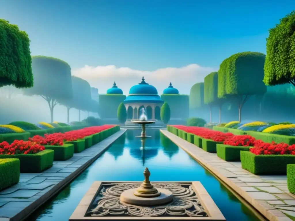 Jardín botánico sereno: flores vibrantes y fuente relajante Un jardín botánico exuberante y sereno con flores vibrantes en plena floración, rodeando una fuente tranquila