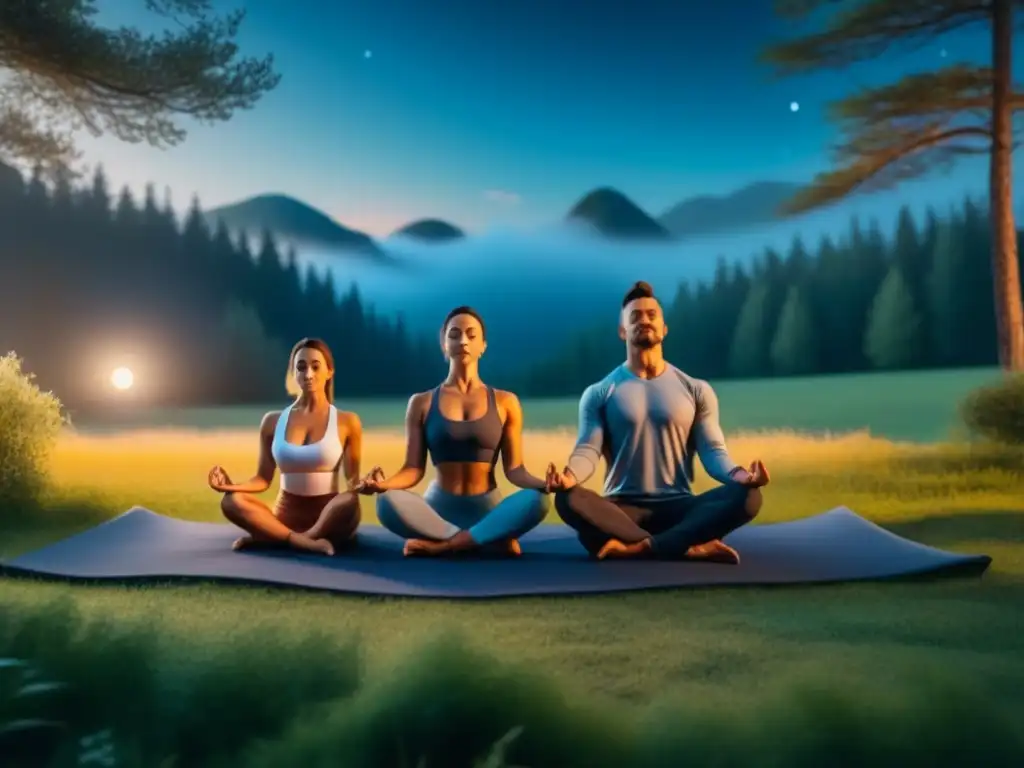 Yoga familiar bajo las estrellas: armonía nocturna Una familia practica yoga bajo las estrellas en una noche tranquila