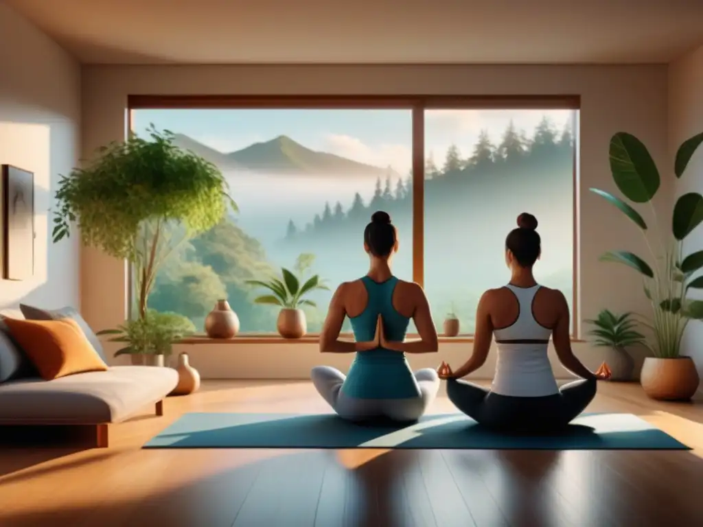 Armonía familiar: práctica de yoga en casa Una familia en armonía practica yoga en una habitación iluminada por el sol, transmitiendo paz y serenidad