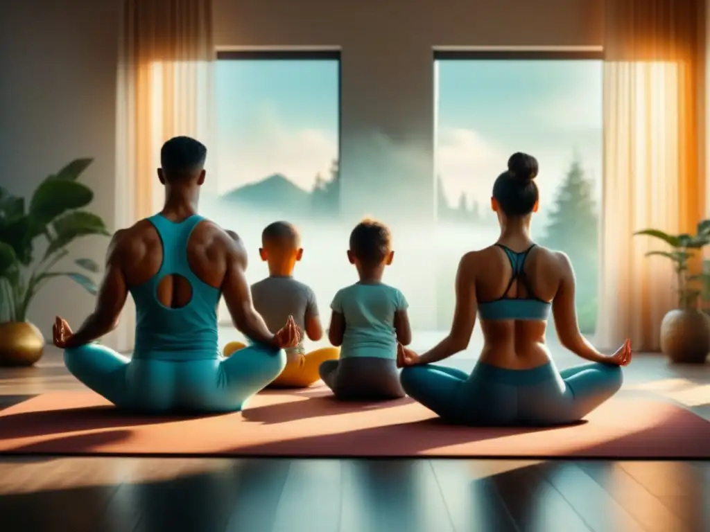 Práctica de yoga en familia: armonía y serenidad Una familia de cuatro practica yoga juntos en un ambiente armonioso y tranquilo