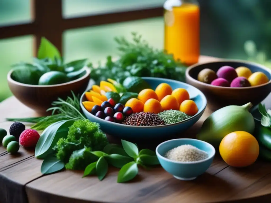 Exquisita comida Ayurveda primaveral en mesa de madera Un festín ayurvédico estacional en casa: frutas, hierbas y especias en una mesa de madera, bañados por la luz del sol