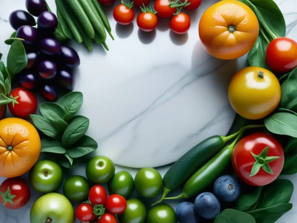 Deliciosa variedad de frutas y verduras frescas en mármol blanco Un festín colorido de frutas y verduras frescas sobre mármol blanco