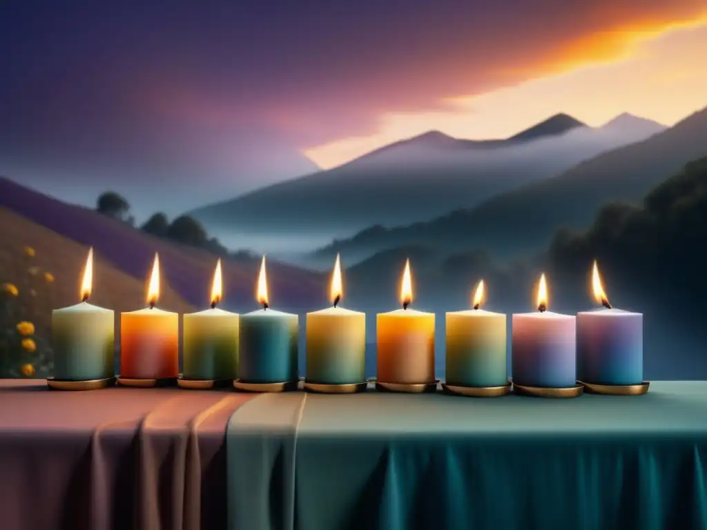 Una fila de velas aromáticas en tonos suaves, creando un ambiente de serenidad