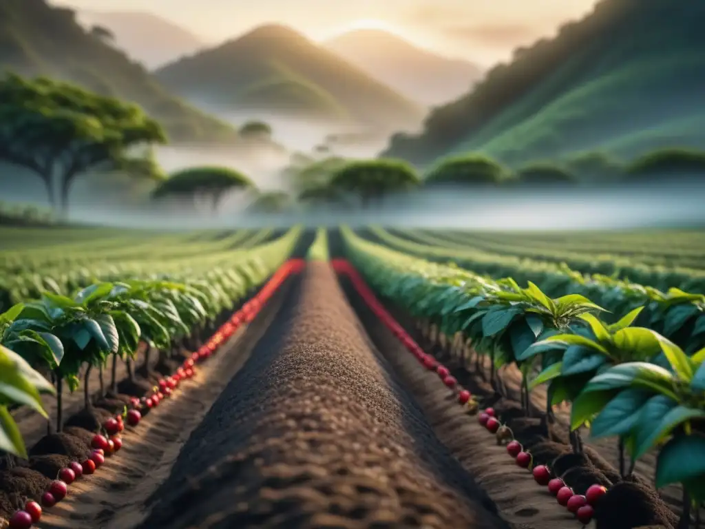 Plantación de café al amanecer: serenidad y belleza natural Plantación de café al amanecer, con filas de plantas alineadas bajo la luz dorada