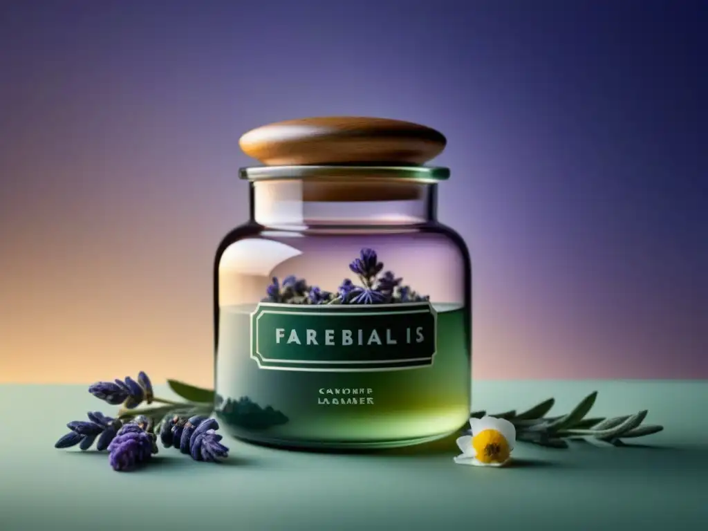 Jarra apotecaria con flores secas en tonos lavanda y verde Un frasco de boticario con plantas medicinales para terapia de relajación en el hogar