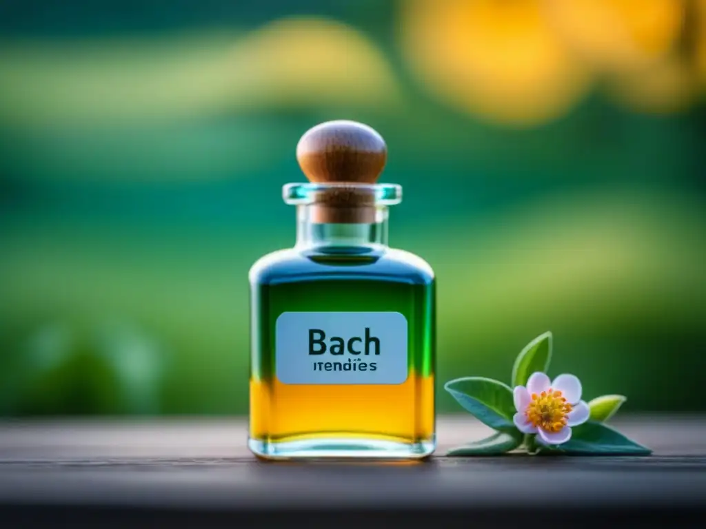 Botella de Flores de Bach: armonía y serenidad Un frasco de cristal con las coloridas Flores de Bach, iluminado suavemente, transmite paz y armonía