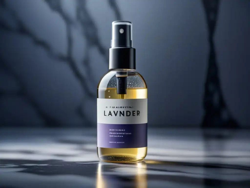 Spray Ambiental Relajante: Detalle Exquisito Un frasco de spray ambiental relajante para hogar en un elegante diseño minimalista sobre una encimera de mármol, con gotas brillantes de rocío