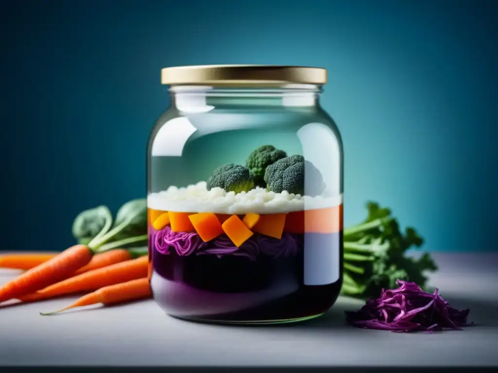 Tarro de fermentación: colores vivos y salud natural Un frasco de vidrio con capas de vegetales fermentados, colores vibrantes y burbujas en la superficie