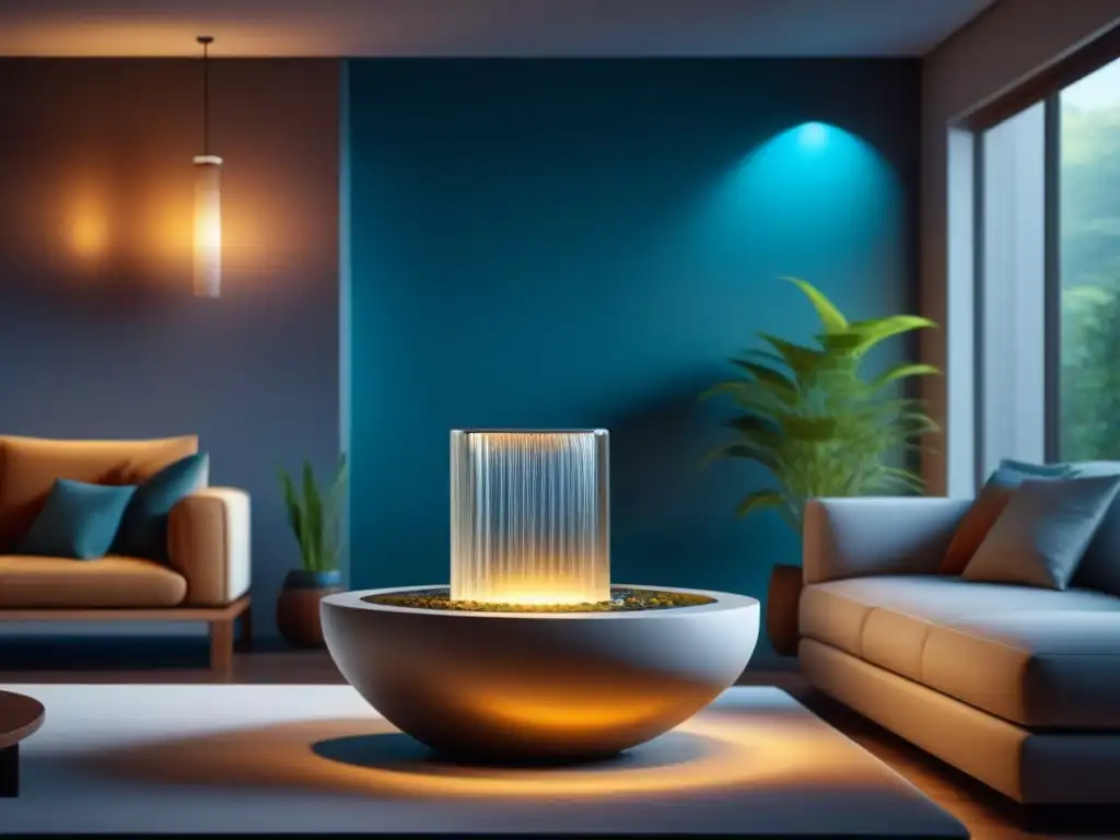 Fuente de agua interior minimalista y serena para un hogar moderno Una fuente de agua interior tranquila en una elegante sala moderna