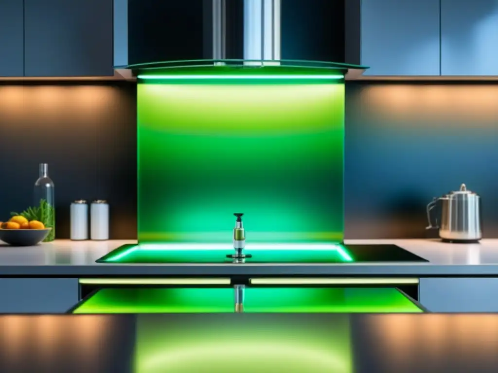Futurista filtro de agua para cocina: diseño elegante y sostenible Diseño futurista de sistema de filtración de agua en verde, elegante y sostenible en cocina moderna