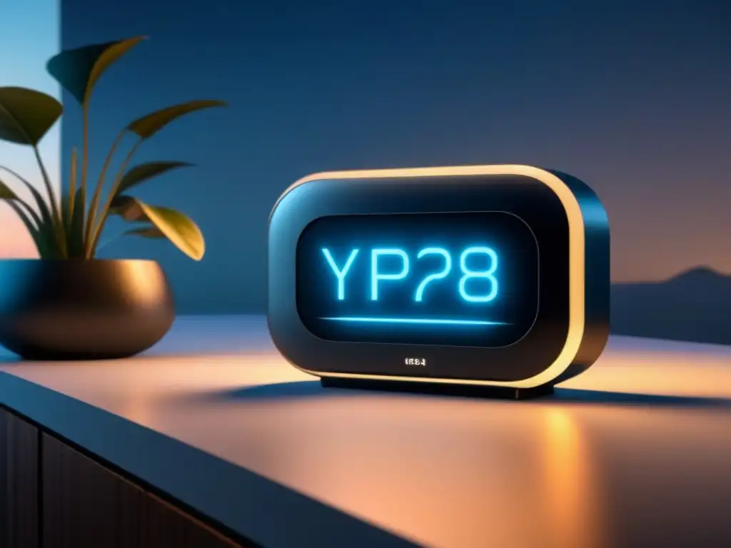 Dispositivo futurista para relajación en casa Un gadget de relajación para el hogar que irradia innovación con su diseño futurista y pantalla táctil mostrando escenas naturales relajantes