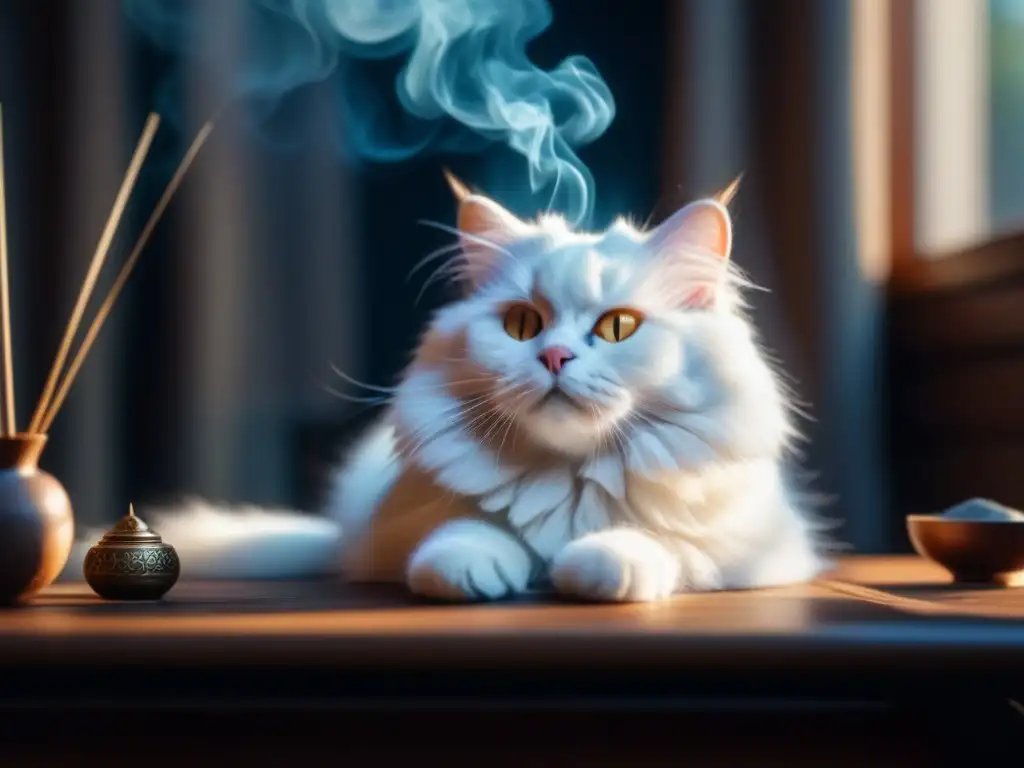 Relajante siesta de gato blanco junto a incienso aromático Un gato blanco duerme apaciblemente junto a un incienso en una mesa de madera, bañado por la luz del sol