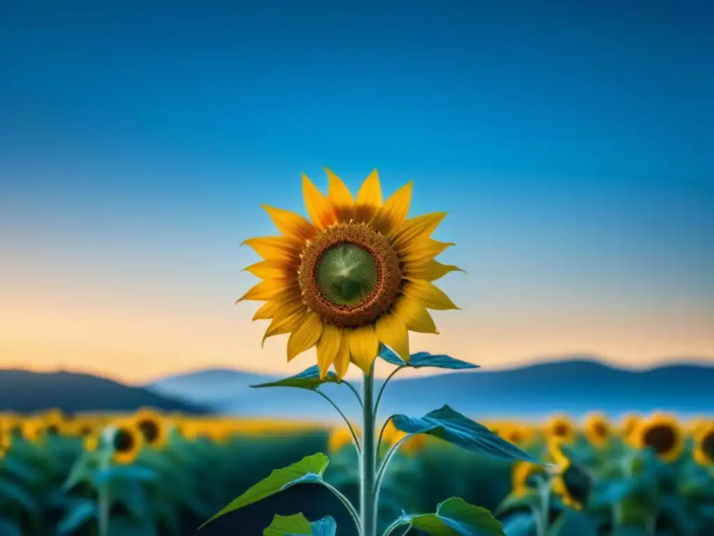 Resiliencia: Girasol en cielo azul Un girasol solitario floreciendo en un cielo azul claro, simbolizando resiliencia y positividad