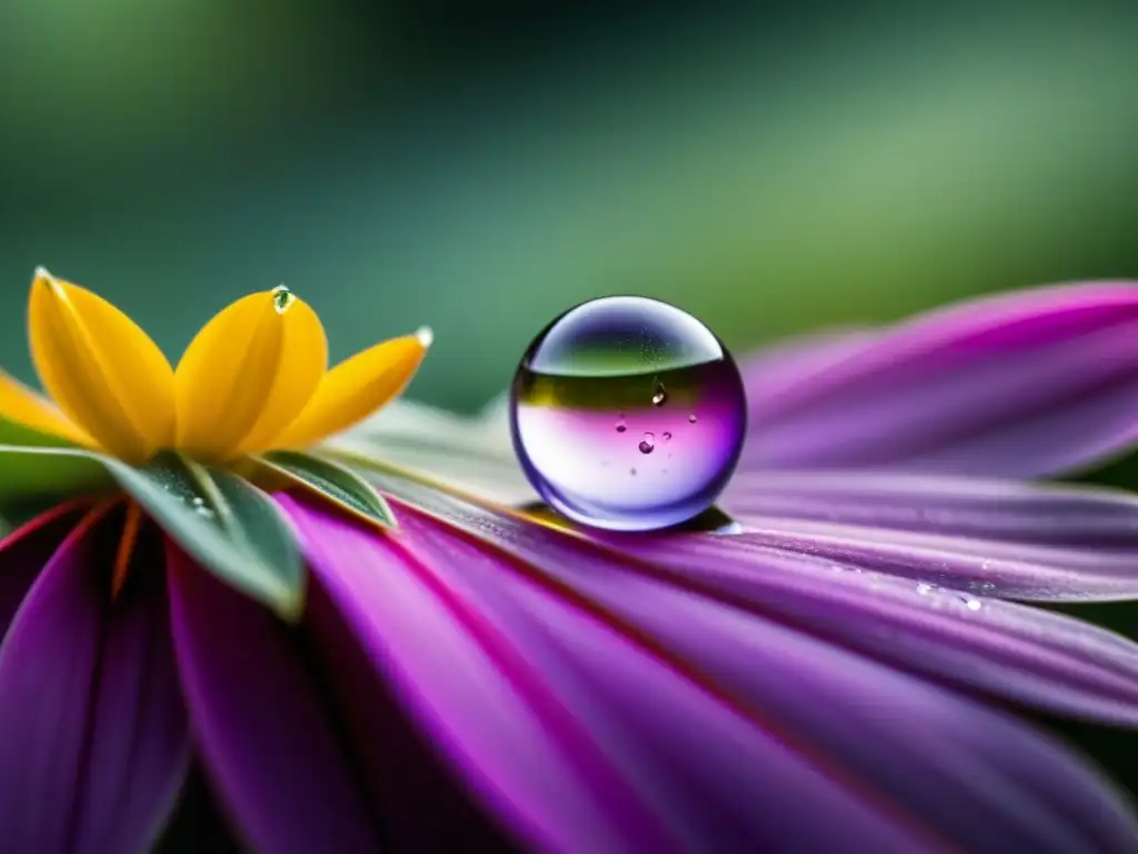 Gotas de esencia floral en pétalo: belleza en detalle Una gota de esencia floral de Bach reposa sobre pétalo violeta