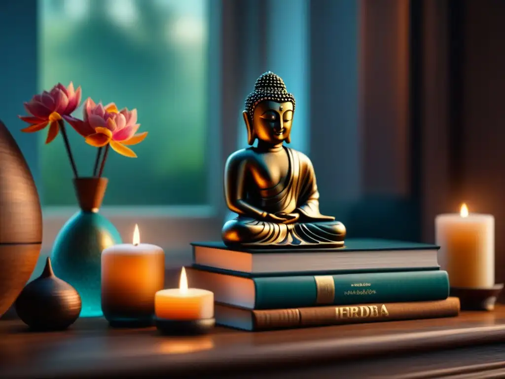 Altar zen en casa: armonía y serenidad Un rincón de gratitud en casa con Buda, flores frescas, incienso, libros y vela aromática