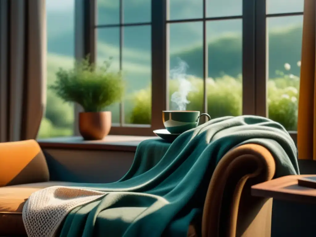 Salón minimalista con ventana al jardín: paz y gratitud Practicar gratitud diaria en casa: Sala minimalista con ventana grande, luz solar, sillón acogedor, manta suave, té caliente y libro de 'Gratitud'