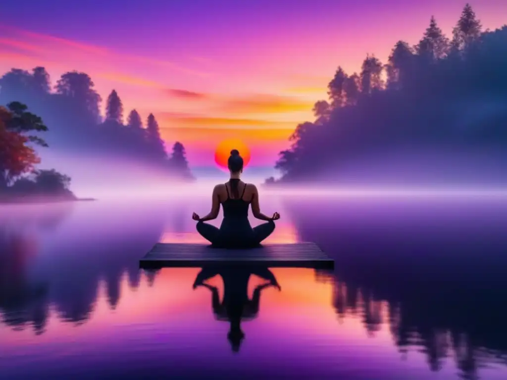 Esencia de serenidad: amanecer en lago con yoga al atardecer Practicar gratitud diaria en casa: amanecer sereno sobre lago, cielo rosa, naranja y morado, figura de yoga en la orilla
