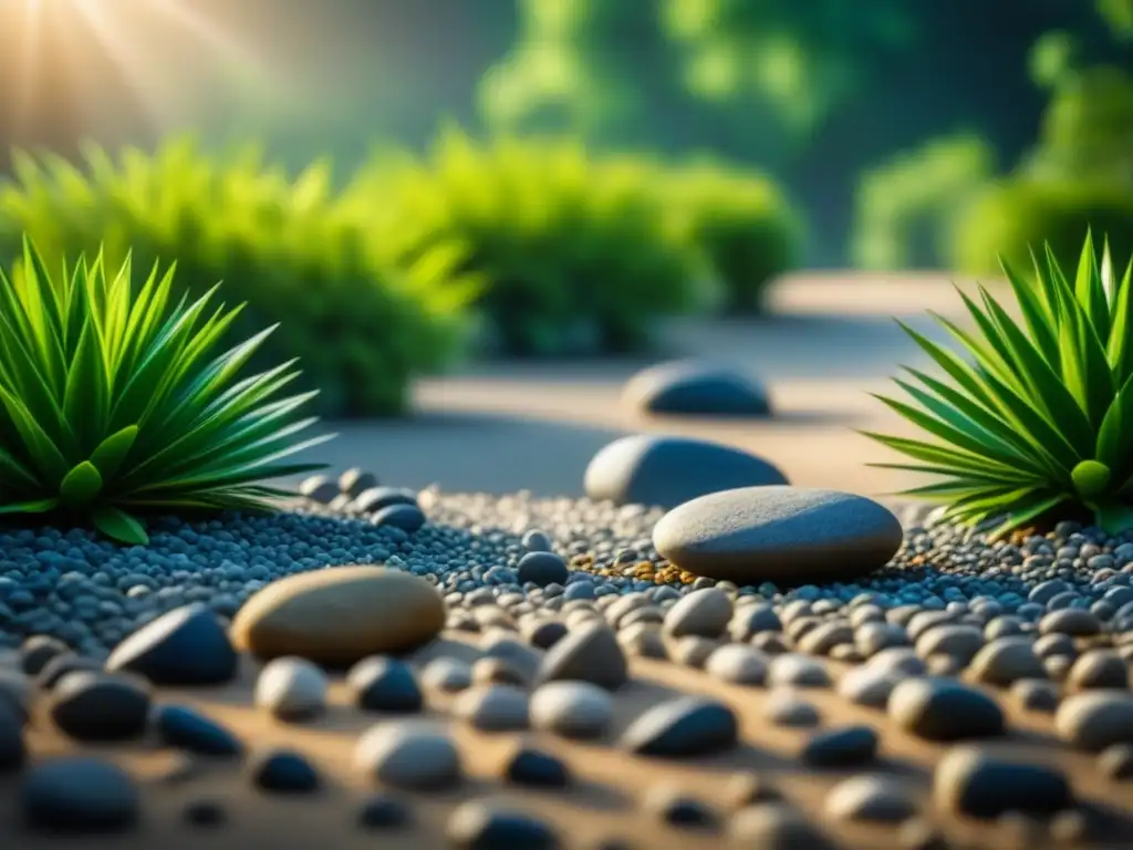 Jardín Zen: armonía y serenidad en la naturaleza Jardín Zen con grava y plantas, ideal para meditación y calma interior