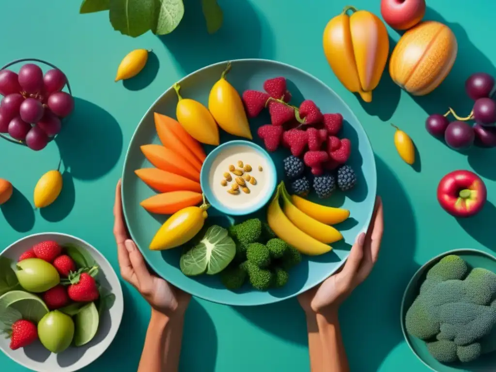 Grupo diverso en actividades físicas con alimentos saludables Un grupo diverso disfruta de actividades físicas con platos de alimentos variados, simbolizando necesidades nutricionales y estilos de vida