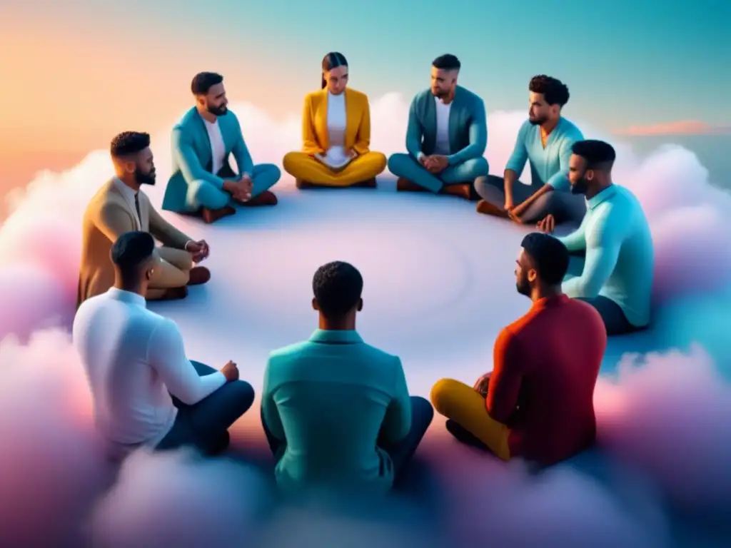 Círculo de apoyo virtual: gestión de la ansiedad en comunidad Grupo diverso en círculo, colores calmantes, comunidad virtual apoyo manejo ansiedad