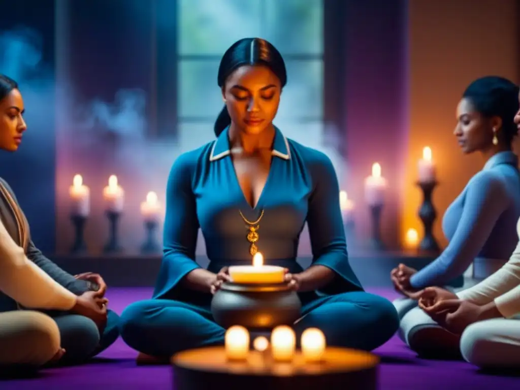 Meditación grupal con velas y lavanda Grupo diverso en círculo relajándose con velas y difusor de lavanda