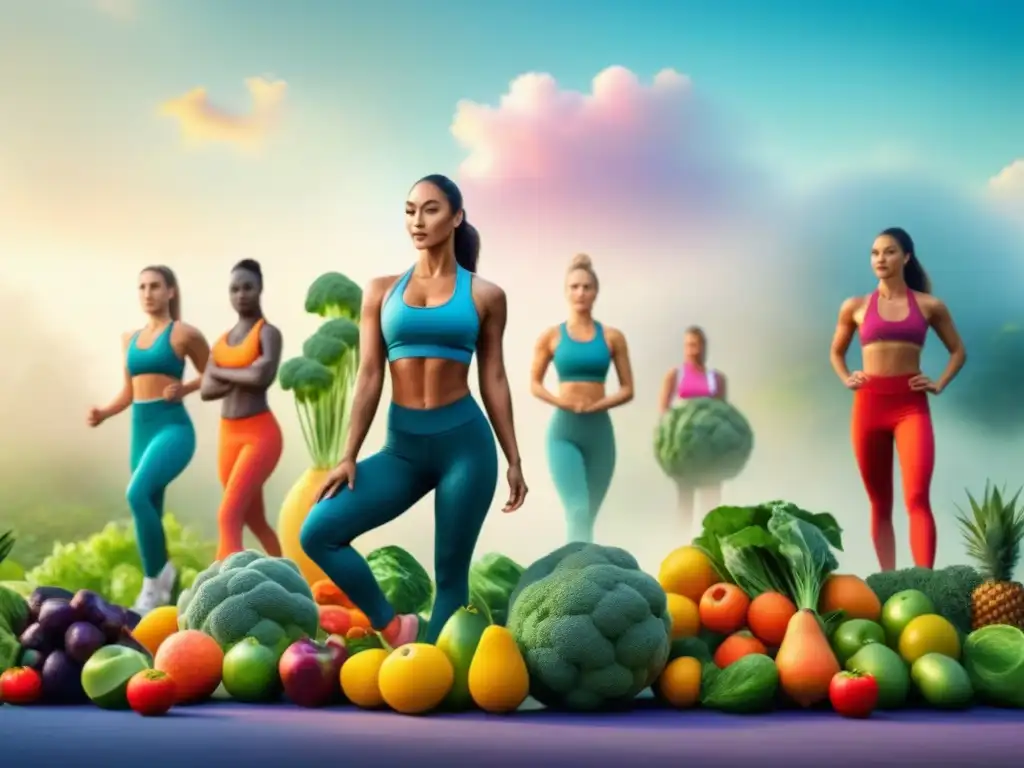 Actividades físicas y alimentación saludable: diversidad en acción Un grupo diverso de personas realizando actividades físicas rodeadas de frutas y verduras, representando consejos para adaptar ciclos nutricionales