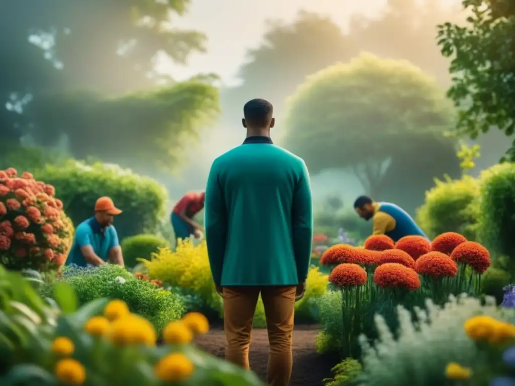 Voluntarios en comunidad: jardín de serenidad y diversidad Grupo diverso de voluntarios trabajando juntos en un jardín tranquilo lleno de flores vibrantes y vegetación