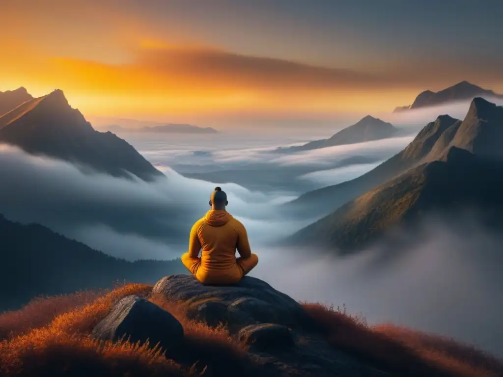 Un guerrero solitario medita al amanecer en la cima de una montaña, rodeado de luz dorada, transmitiendo determinación y paz interior