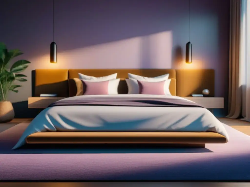 Visualización guiada para dormir mejor: Dormitorio sereno con cálida iluminación, cama ordenada y libros en mesita de noche