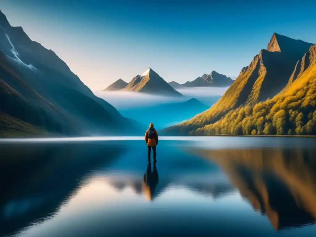 Figura solitaria en lago sereno: paz interior y fortaleza Visualización guiada para superar obstáculos: Persona confiada frente a lago tranquilo y montañas, reflejados en agua serena