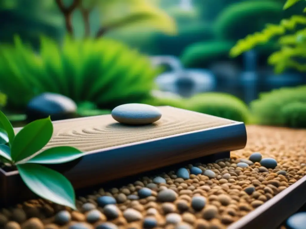 Jardín Zen: Armonía y tranquilidad en la naturaleza Visualización guiada para relajación profunda: Un jardín Zen sereno con arena rastrillada, un sendero de piedra y un estanque tranquilo
