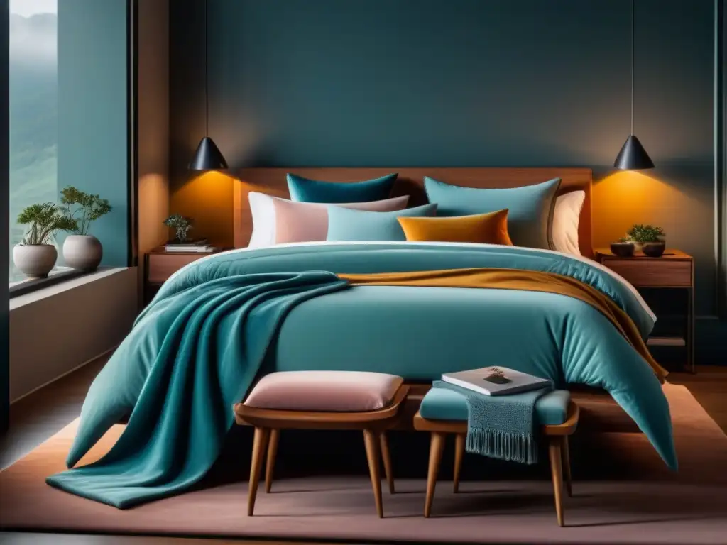 Suite de lujo: pijama elegante en dormitorio minimalista Una habitación acogedora con una cama moderna y pijamas elegantes en tonos suaves, ideal para relajarse