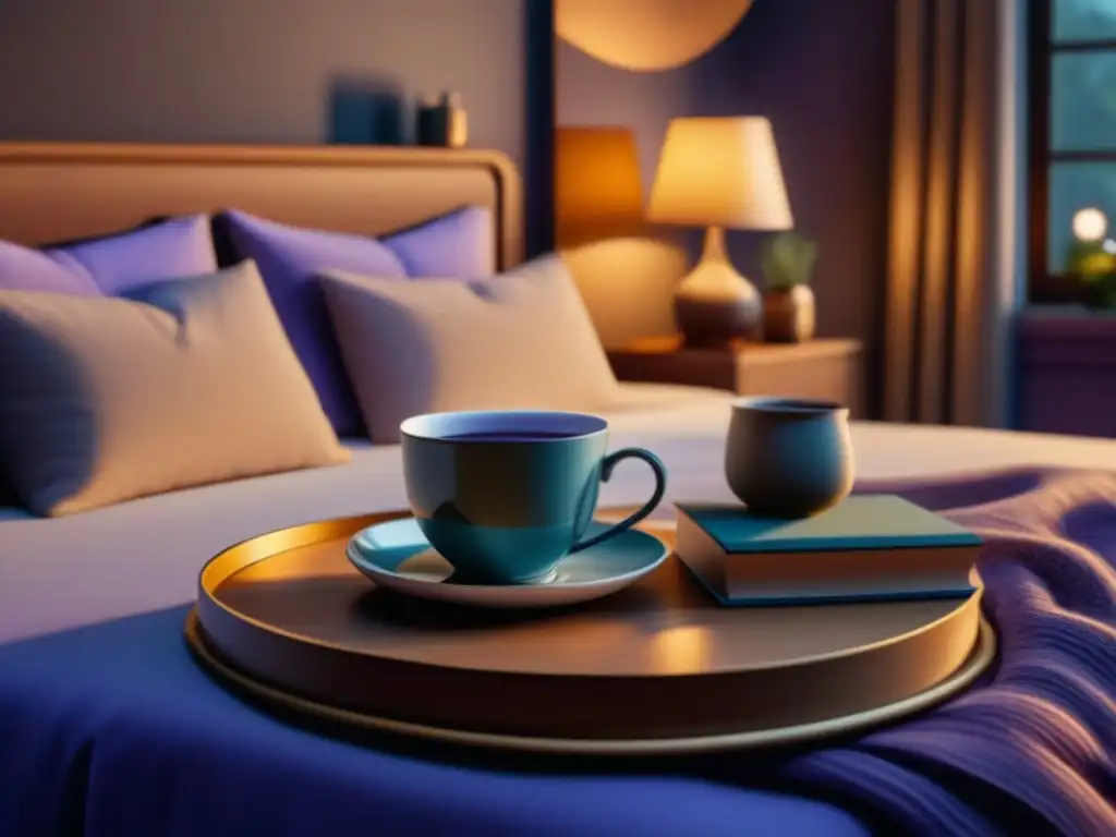 Refugio de tranquilidad: cama acogedora, luz suave y té relajante Una habitación acogedora y tranquila, con una cama mullida, libros apilados y una taza de té herbal