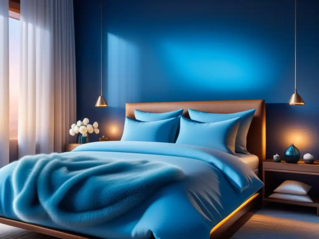 Serena habitación minimalista en azul: refugio de relajación Una habitación serena iluminada con luz azul de lámpara cromoterapia, ideal para relajación en casa