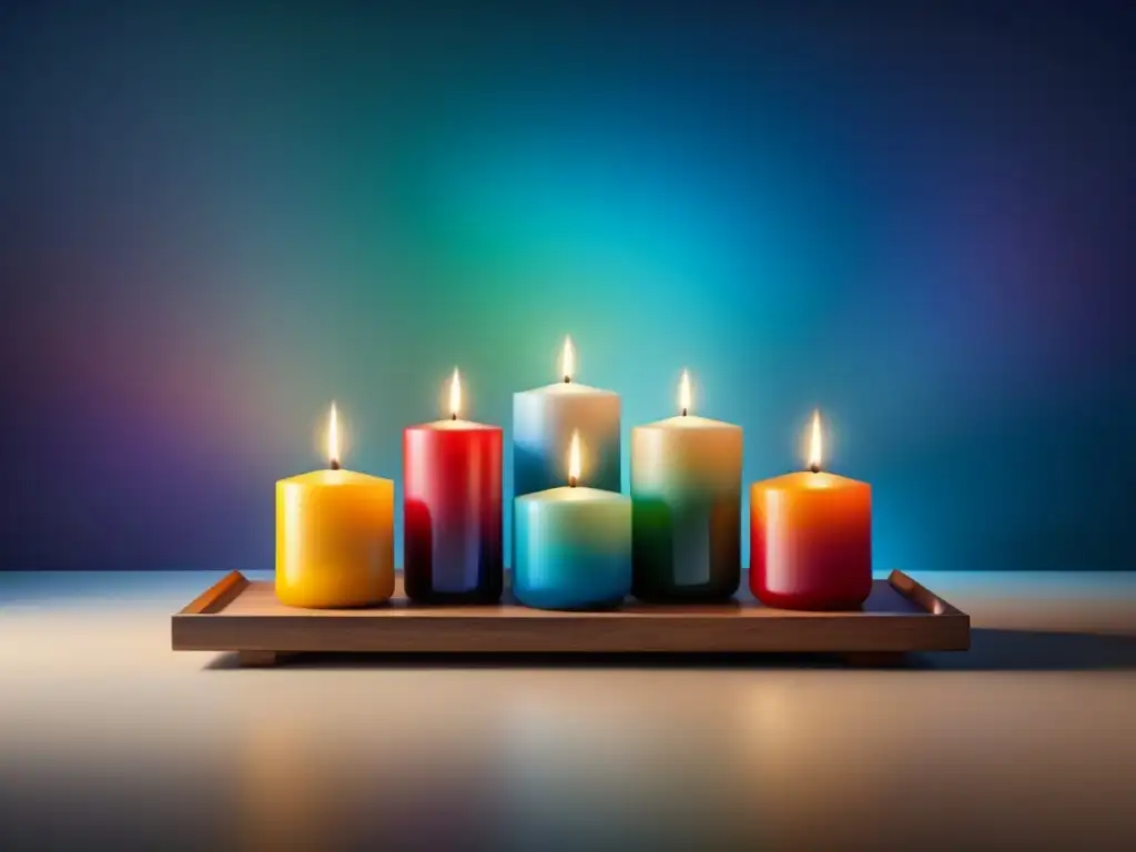 Armonía de chakras: mesa de velas en habitación minimalista Una habitación serena con las mejores velas cromoterapia energía hogar