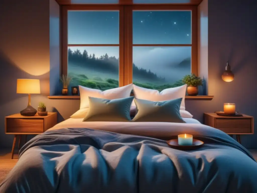 Tranquilidad nocturna: dormitorio estrellado y relajante Una habitación serena en la noche con estrellas afuera, ideal para rutinas estiramiento noche relajación músculos