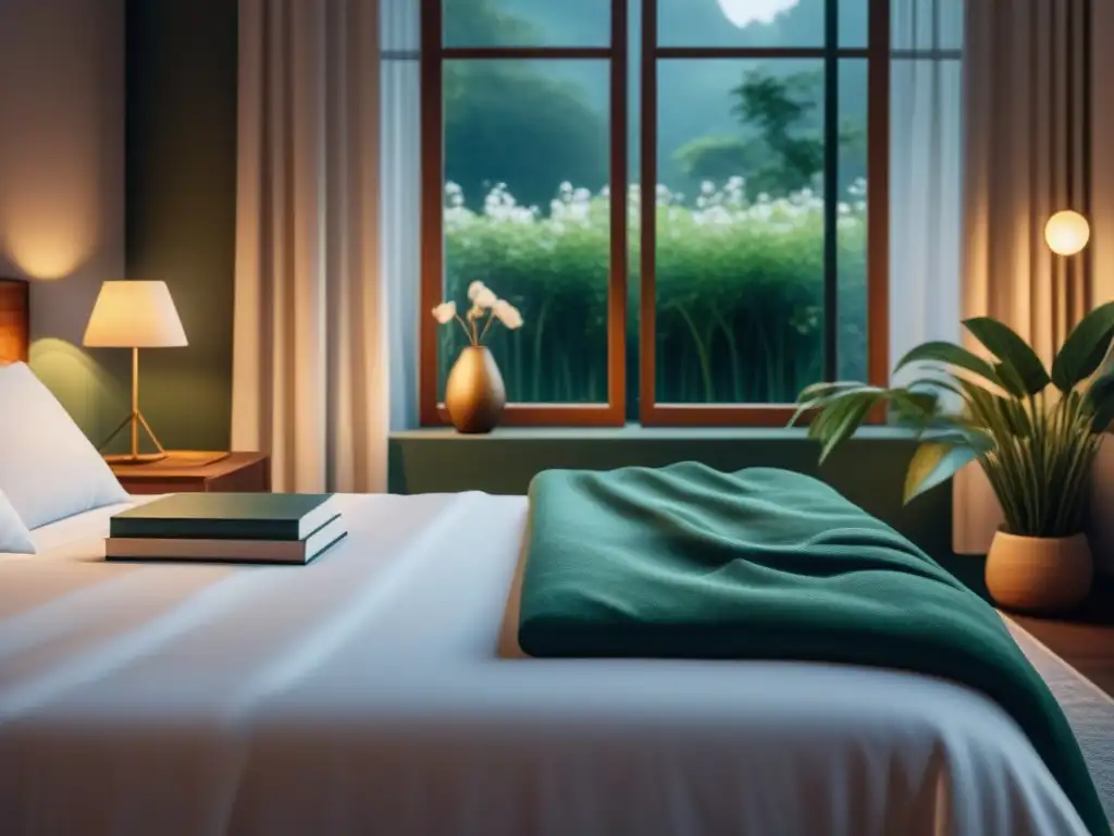 Refugio nocturno: cama king-size en jardín sereno Una habitación serena de noche con cama king size, libros, lámpara y vista a jardín tranquilo
