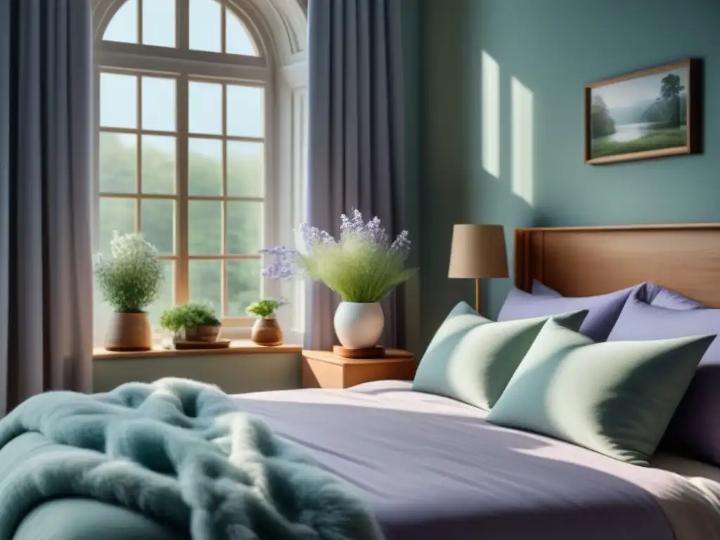 Dormitorio sereno en tonos pastel y madera clara Una habitación serena en tonos suaves con una cama acogedora, muebles de madera clara y una paleta de colores relajantes