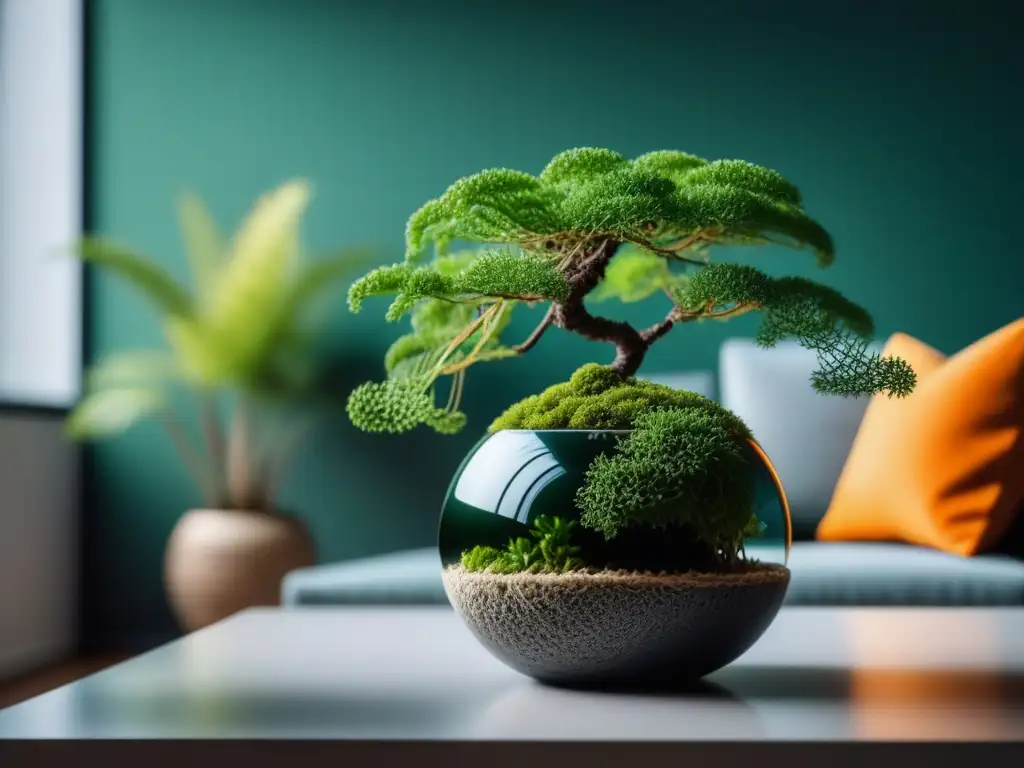 Una hermosa decoración con kokedamas en casa: un kokedama verde suspendido en un elegante hilo, en un ambiente minimalista y luminoso