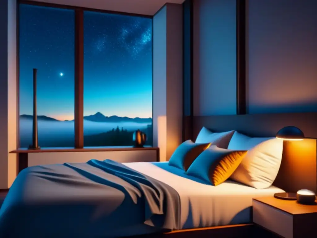 Diseño minimalista de dormitorio nocturno con monitor de sueño Hermosa ilustración detallada de un dormitorio sereno en la noche con un dispositivo de monitoreo del sueño, creando un ambiente de paz y tranquilidad