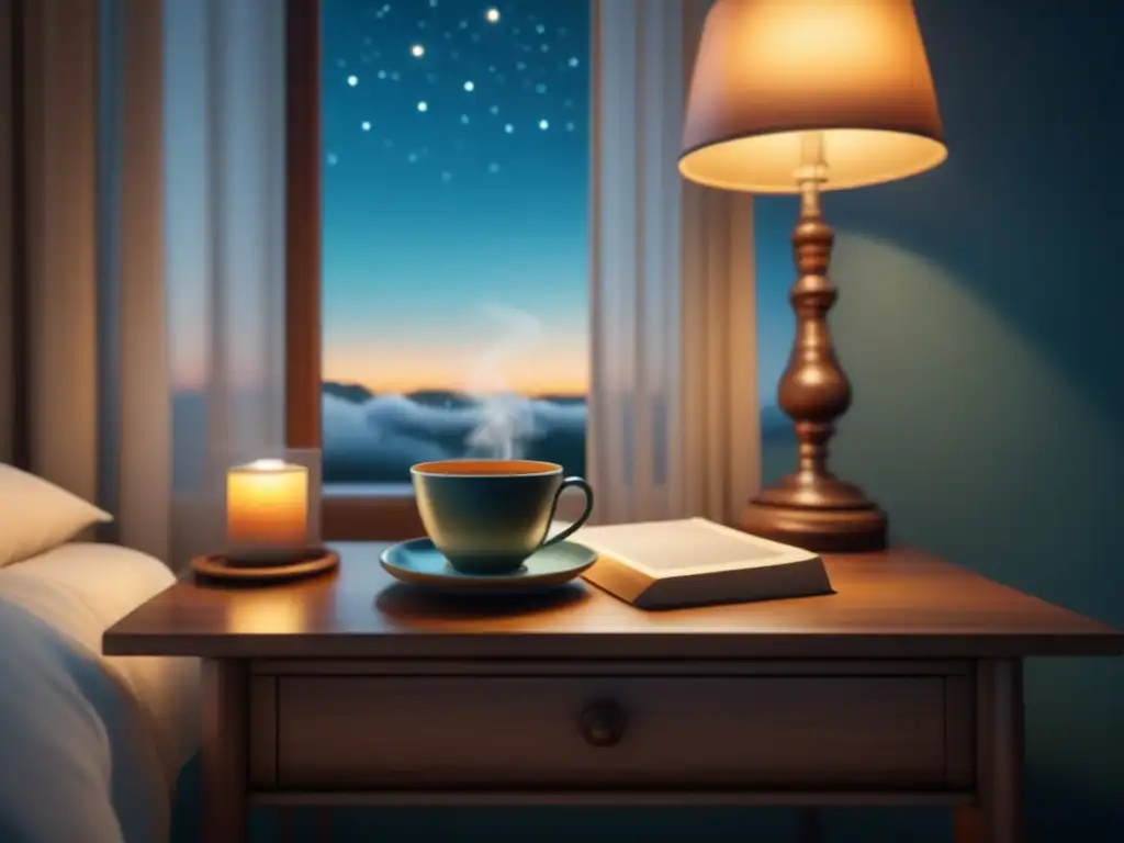 Ritual nocturno de relajación con infusión de hierbas Hermosa escena nocturna en dormitorio con tisanas nocturnas relajantes en casa