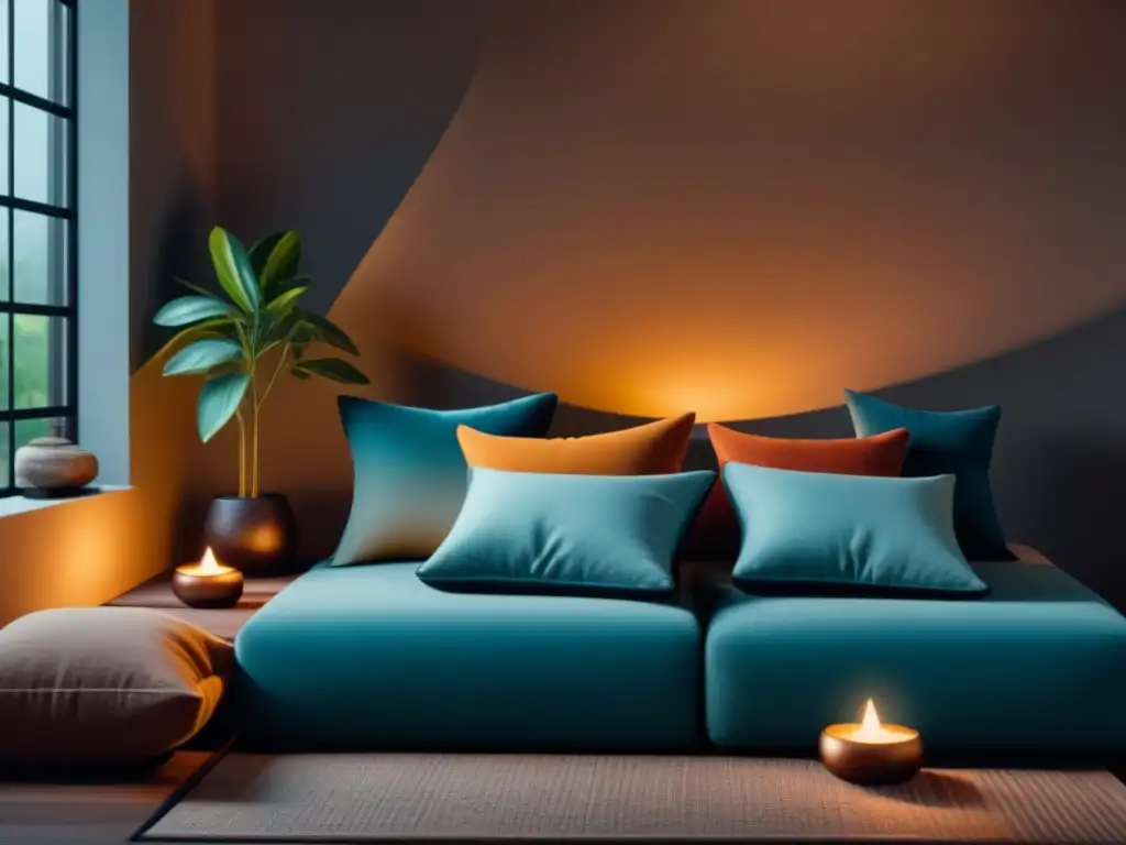 Rincón de meditación zen con iluminación inteligente Hermoso rincón de meditación en casa con iluminación inteligente para meditación en casa