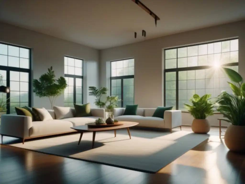 Salón minimalista en 8k: luz natural, elegancia y serenidad Hermoso salón minimalista con mobiliario elegante y plantas verdes, destacado por la iluminación natural en el hogar