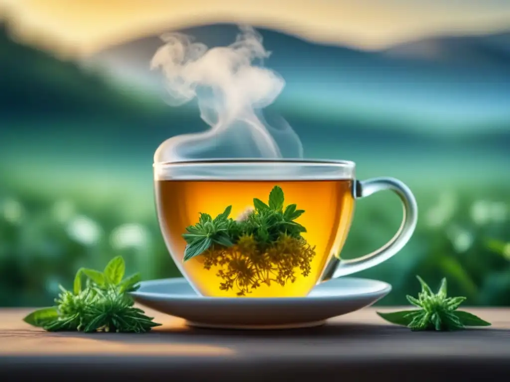 Taza de té herbal humeante, en armonía con la naturaleza Té de hierbas relajante sin cafeína: una imagen serena con una taza humeante rodeada de hierbas frescas en un paisaje natural borroso