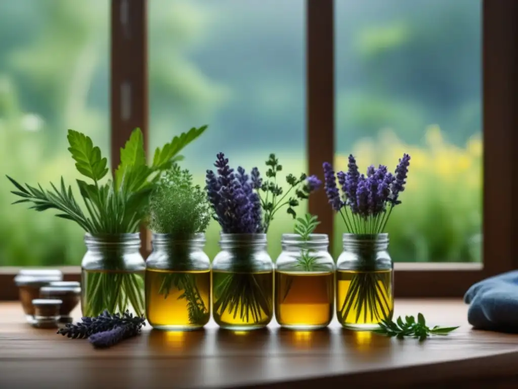 Armonía herbal: Bienestar en casa con lavanda, manzanilla y menta Un hogar acogedor con hierbas relajantes en tarros de vidrio, iluminado por luz natural