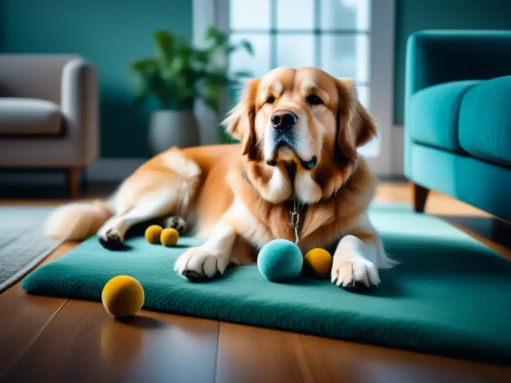 Acogedor salón con perro durmiendo: terapia animal en casa Un hogar acogedor con luz natural, un golden retriever dormido y juguetes dispersos, ideal para Terapia con animales en casa