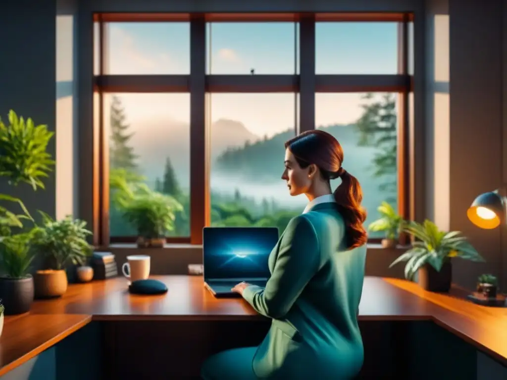 Oficina en casa serena con vista al jardín para relajación Un hogar acogedor con oficina, ventana al jardín verde, luz natural y un espacio organizado para Reencuadre cognitivo para relajación