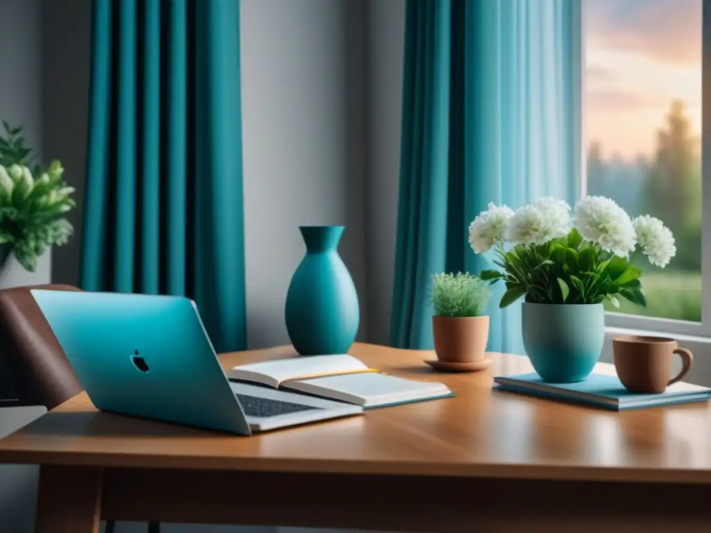 Un hogar acogedor y sereno: oficina minimalista con plantas, ventana soleada y suplementos para bienestar mental hogar